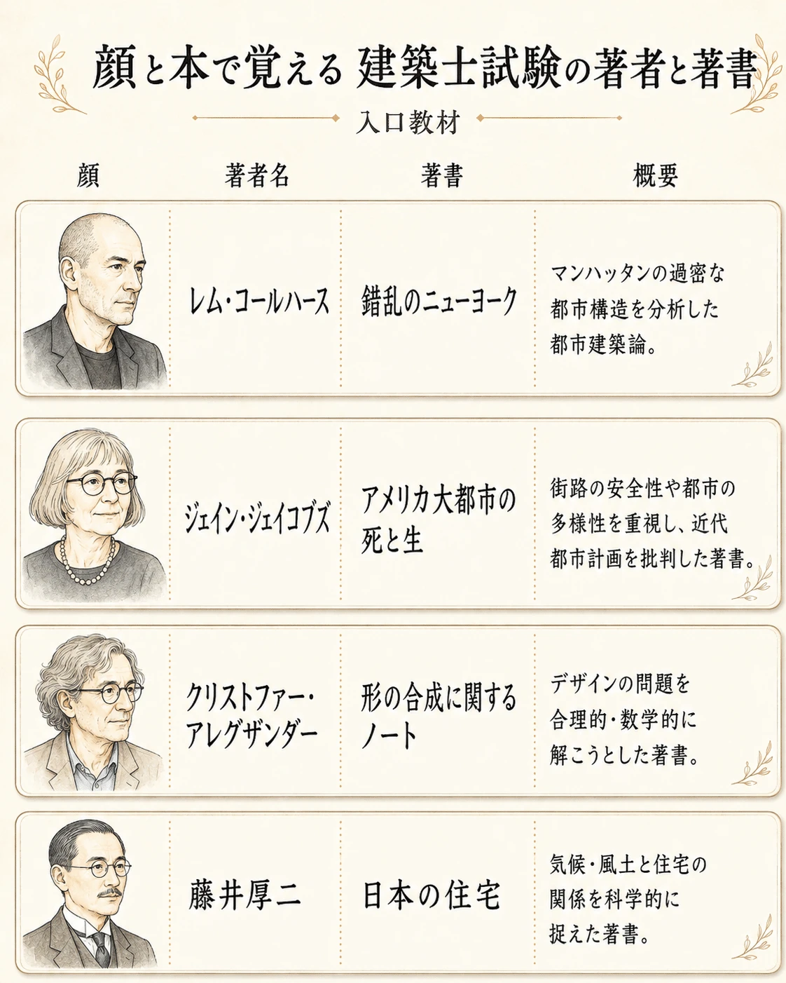 コールハース、ジェイコブズ、アレグザンダー、藤井厚二