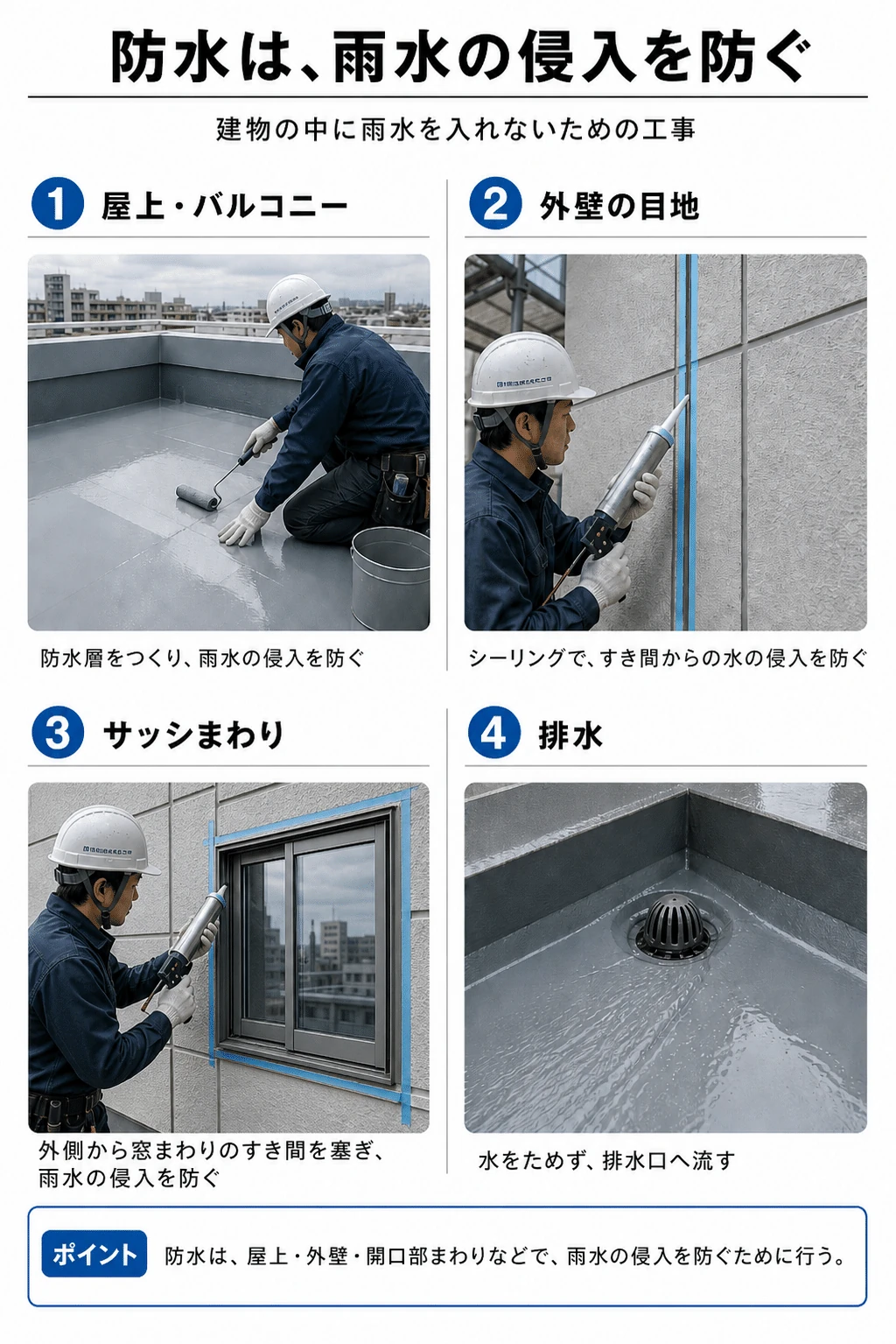 屋上・外壁目地・サッシまわり・排水の防水
