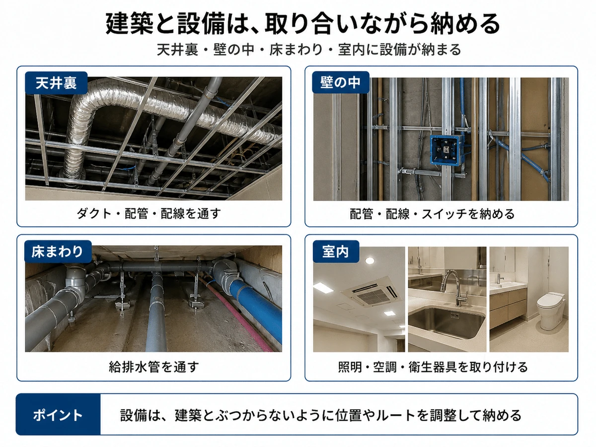 天井裏・壁・床・室内で建築と設備を取り合わせる