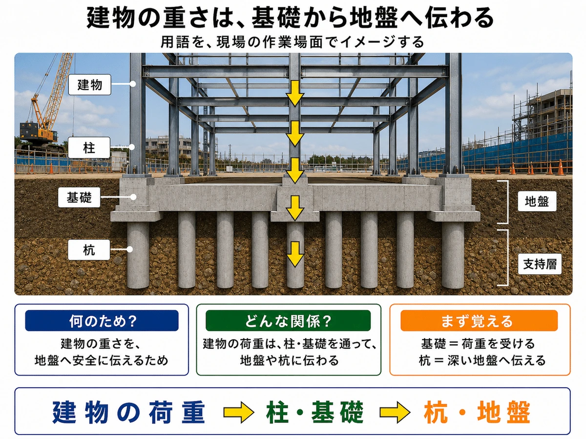 建物の荷重が基礎・杭・地盤へ伝わるイメージ