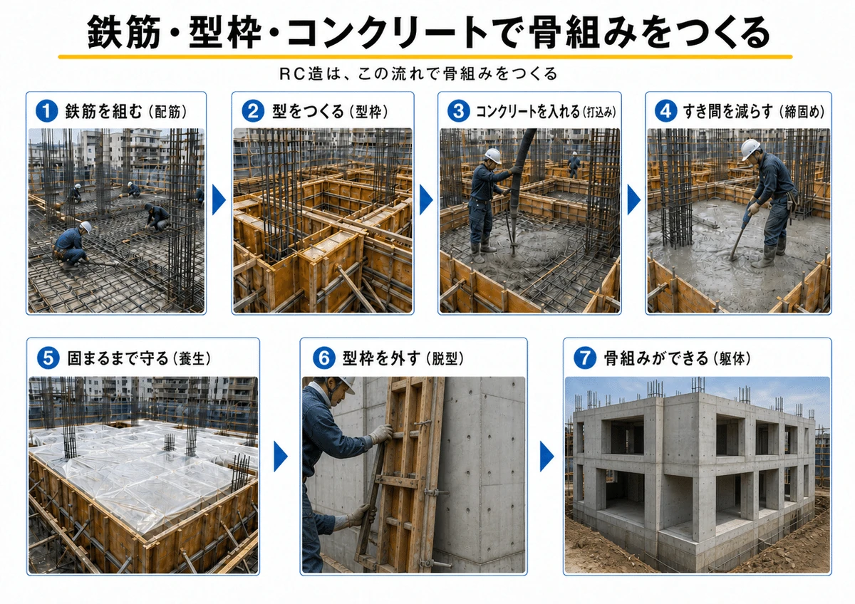 RC造の配筋・型枠・コンクリート・養生・脱型の流れ
