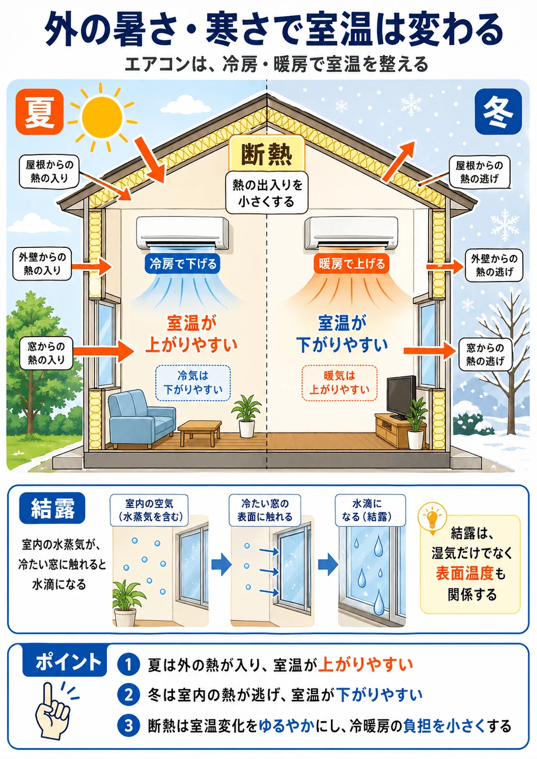 外の暑さ・寒さと断熱、結露の関係