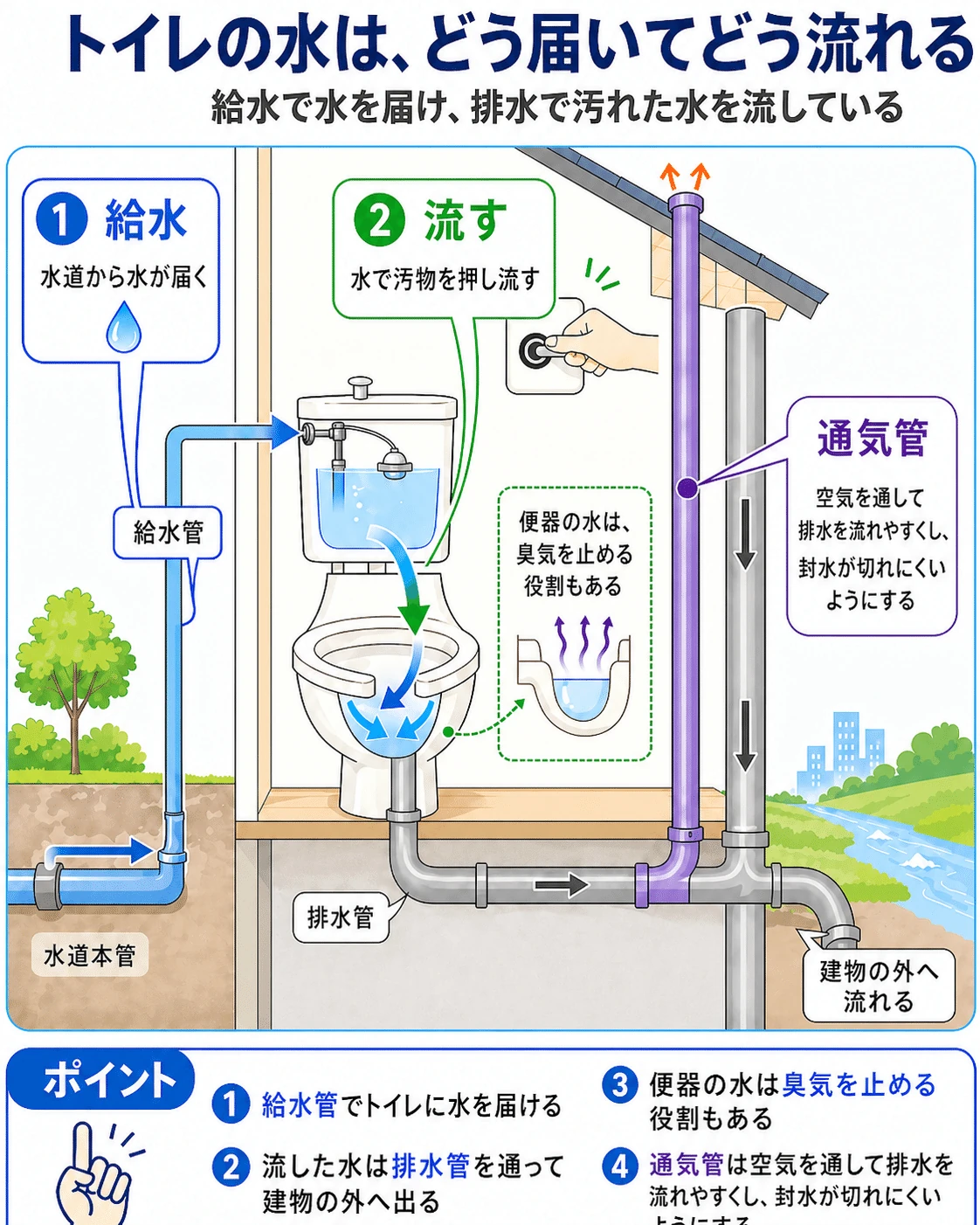 トイレで見る給水・排水・通気の仕組み