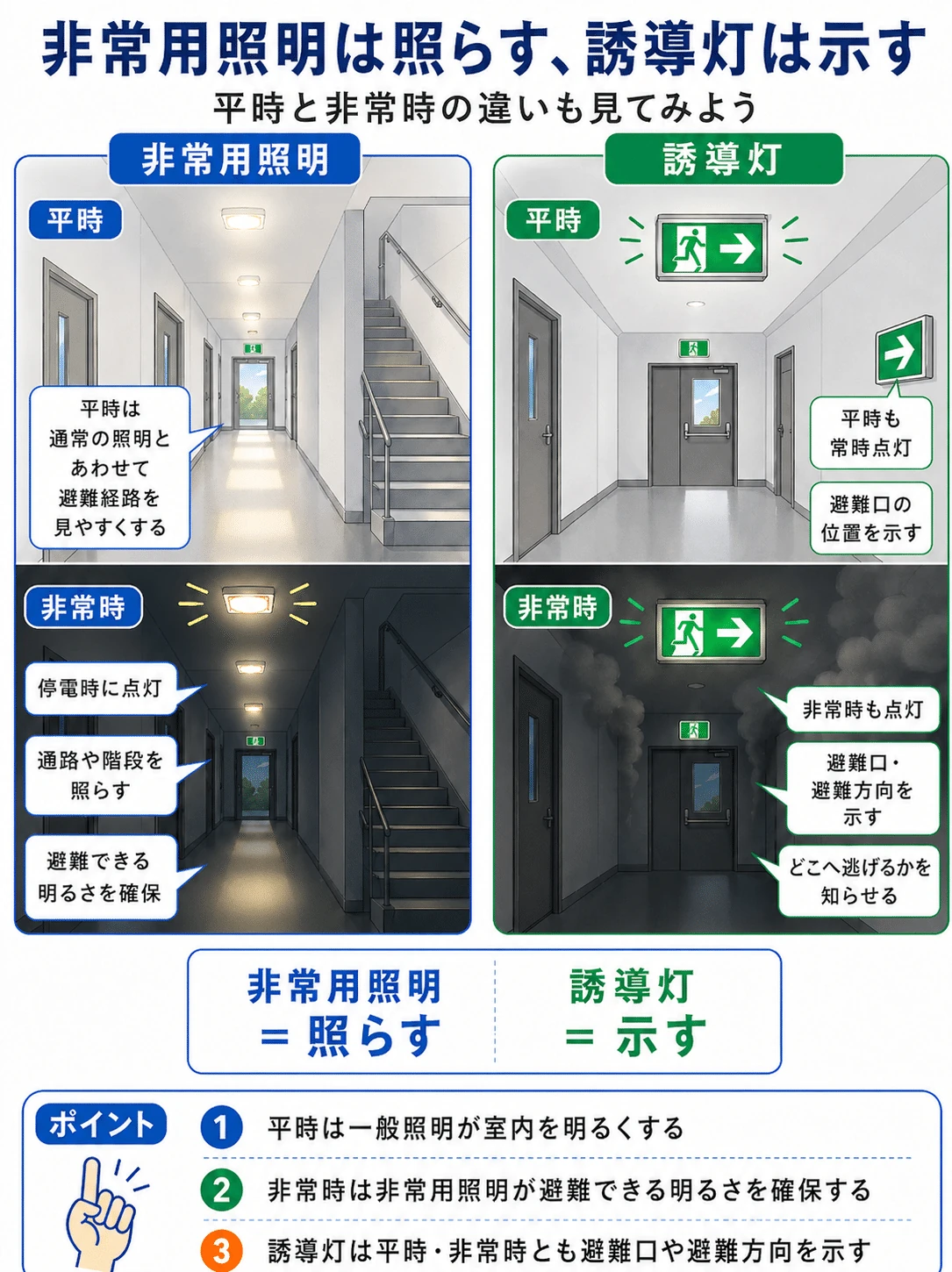 非常用照明と誘導灯の役割の違い
