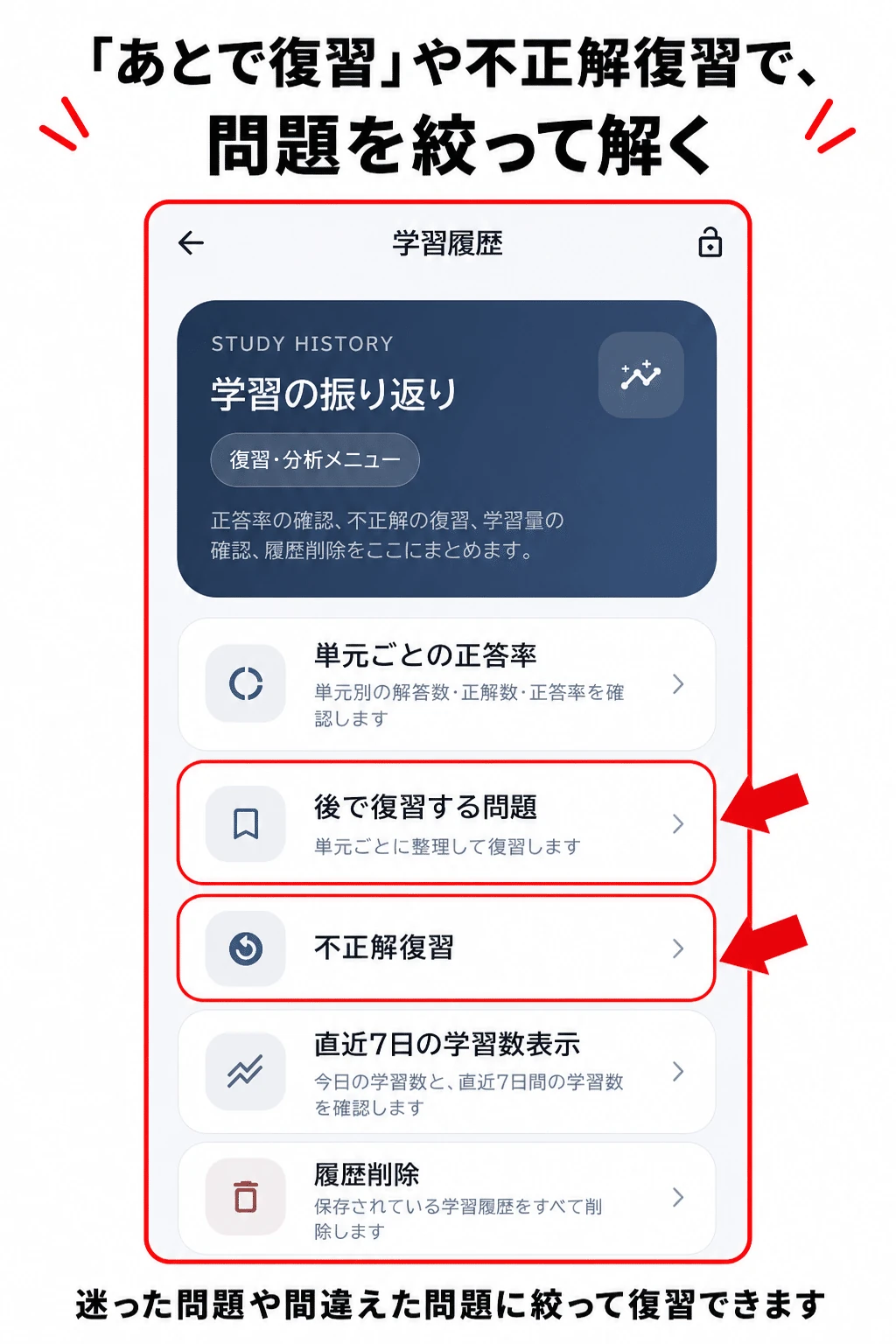 あとで復習・不正解復習で問題を絞る