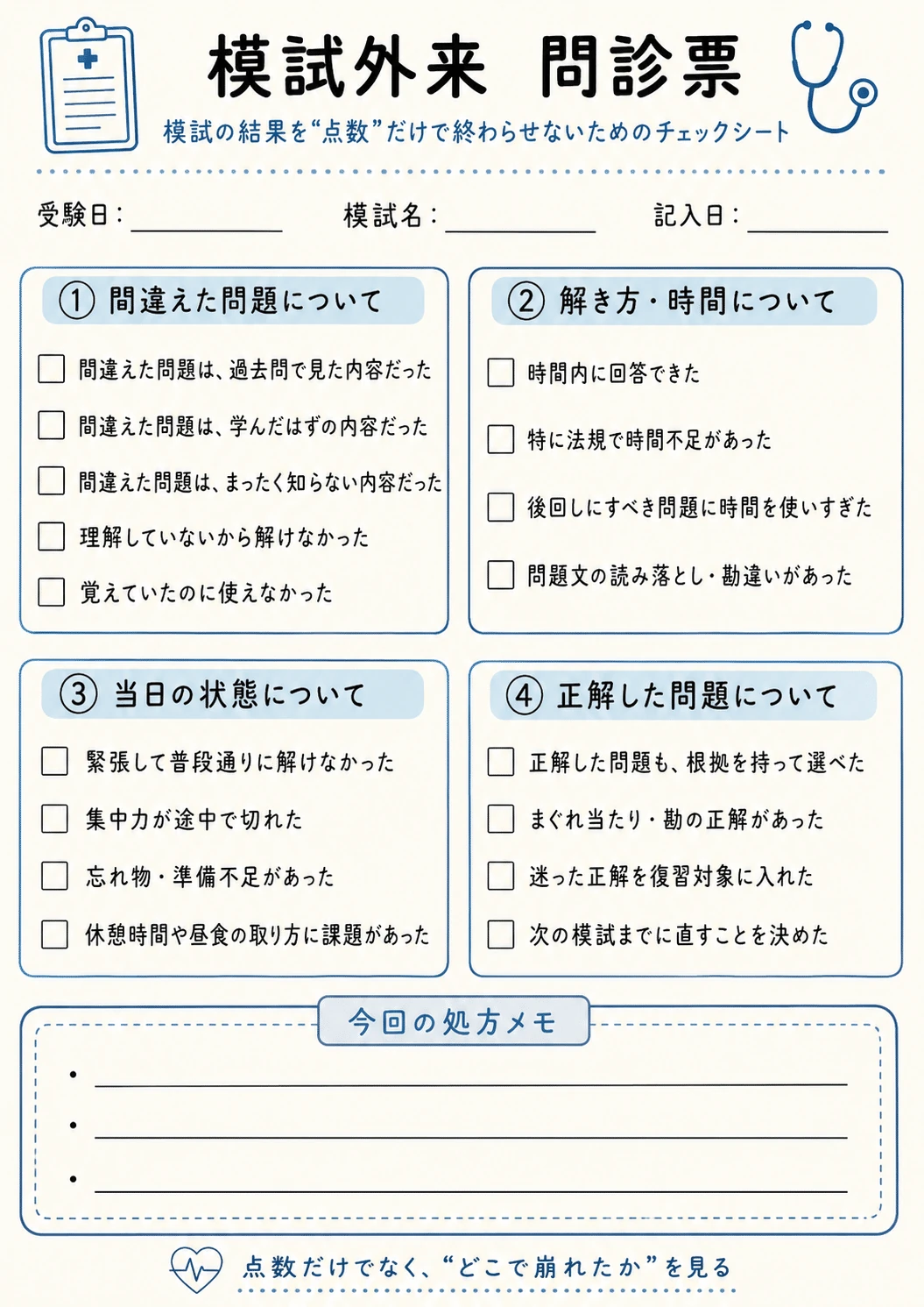 模試結果を点数だけで終わらせない問診票