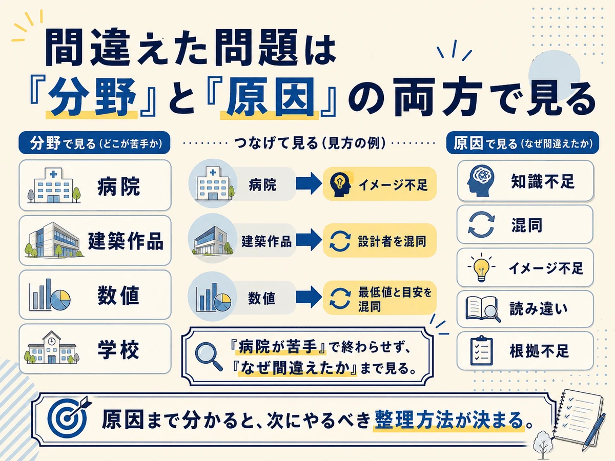 間違えた問題は分野と原因の両方で見る
